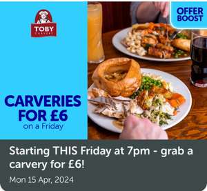 Toby Carvery - Offer Boost £6 Carvery on a Friday up to 6 ppl (Blue Light Cards)