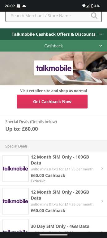 Talkmobile 100GB SIM - £11.92pm x 12 Months - Total Cost £143.04 (Possible £60 Cashback) via TopCashBack