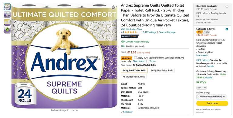 Andrex Supreme Quilts Quilted Toilet Paper - 25% Thicker - 24 Toilet Roll Pack (£13.30/£11.33 with S&S + 10% Off Voucher with 1st S&S)