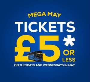 £5 or less on single trips when you’re travelling on a Tuesday and Wednesday during the whole month of May (£1 booking fee)