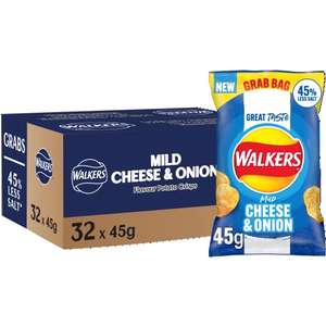 Walkers 45% Less Salt Mild Cheese & Onion Crisps 32x45g (1.44kg) With Auto Discount (5% Voucher S&S £11.64 or Lower)