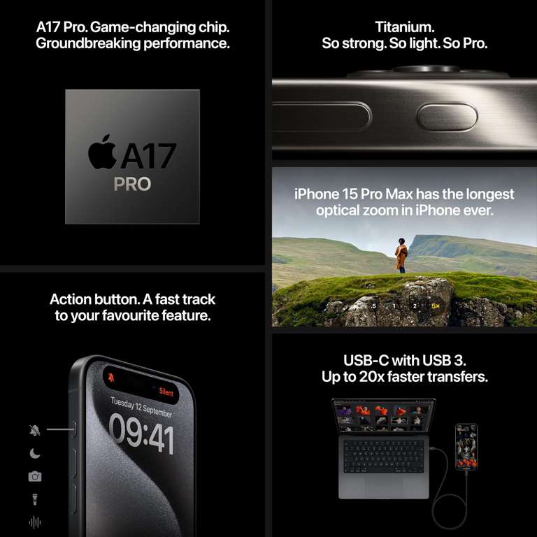 Apple iPhone 15 Pro, iOS, 6.1", 5G, SIM Free, 128GB, Blue Titanium