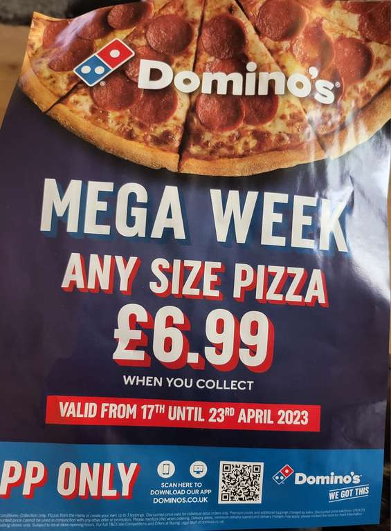 Dominos Pizza - Any size pizza £ collected at Selected Locations (Via  app) | hotukdeals