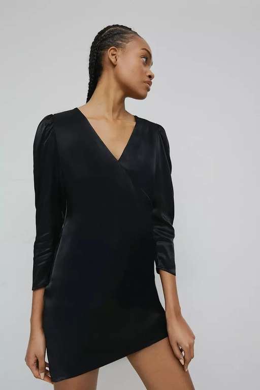 Warehouse Satin Long Sleeve Wrap Mini Slip Dress - Reduced + Free Delivery With Code