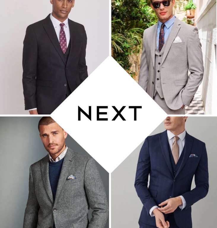 Next Men's Up to 70% off Men's Suits Huge Clearance, Men's Jackets from £25, Trousers from £7 & waistcoats £7 (New lines added) + Free C&C