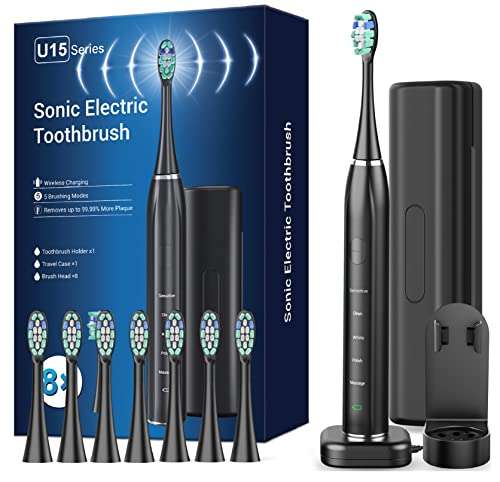 Sonic Electric Toothbrush with 8 Brush Heads & Travel Case (Black oos or Pink) - £10.99 @ Amazon