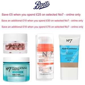 Save £5 when you spend £25 / £15 when you spend £50 / £25 when you spend £70 on selected No7(online only) + Free Delivery Over £25 - @ Boots