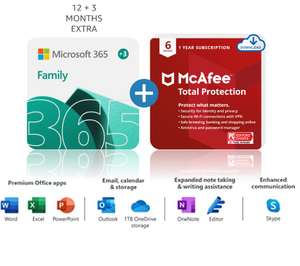 Microsoft 365 Family 6 users - 12+3 months with McAfee Total Protection 2022 - £39.99 @ Dispatched from and sold by Amazon Media EU Sarl