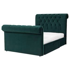 SKJÅNES Upholstered storage bed, with headboard velvet/dark green Luröy, Standard Double £475 (with Family card) click & collect @ Ikea