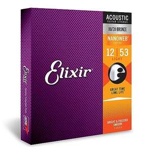 Elixir 11052 Strings 80/20 Bronze Acoustic Guitar Strings w NANOWEB Coating, Light (.012-.053)