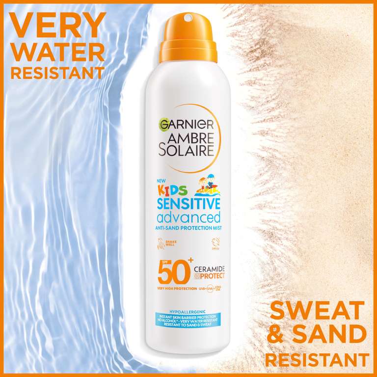 Garnier Ambre Solaire SPF 50+ Kids Anti-Sand Mist, Sun Protection Spray, Non-Greasy Fast-Absorbing, Water & Sand-Resistant, holiday 150 ml