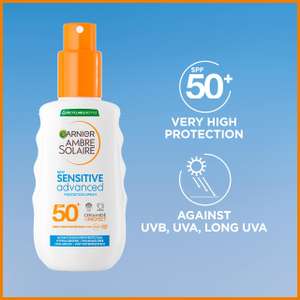 Garnier Ambre Solaire SPF 50+ Sensitive Advanced Sun Cream Spray Water Resistant Non Greasy Sunscreen, No Fragrance 150ml