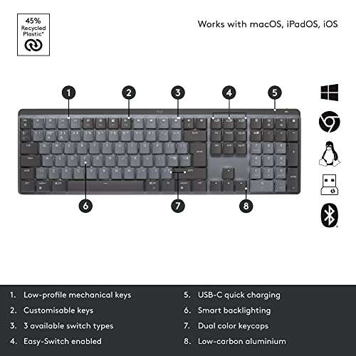 Logitech MX Mechanical Wireless Illuminated Performance Keyboard, Tactile Quiet Switches, QWERTY UK English Layout - Grey