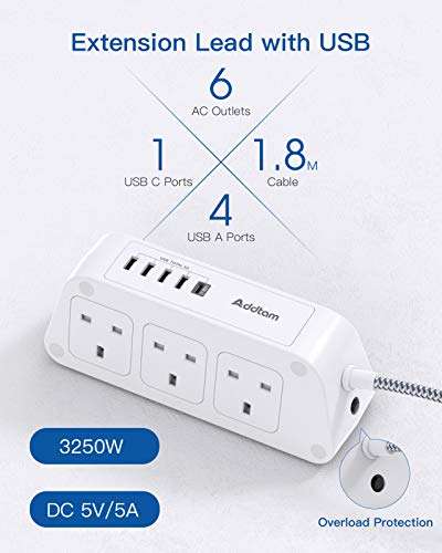 Extension Lead with USB Slots 6 Way Outlets 5 USB (5A, 1 USB- C and 4 USB-A Port) 1.8M Lead (with voucher) @ ADDTAM / FBA