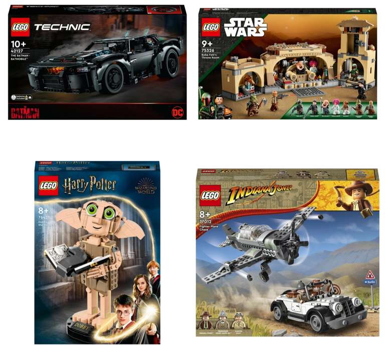LEGO Technic 42127 BATMOBILE £54.99/ 75326 Boba Fett's Throne £56.99/ Harry Potter 76421 Dobby House-Elf £19.99/ Indiana Jones 77012 £24.99