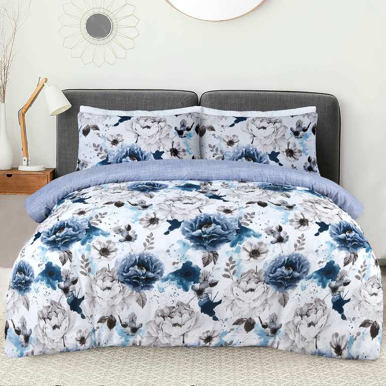 Inky Floral Blue Duvet Cover Set, Single, Reversible Design at £8.06 ...