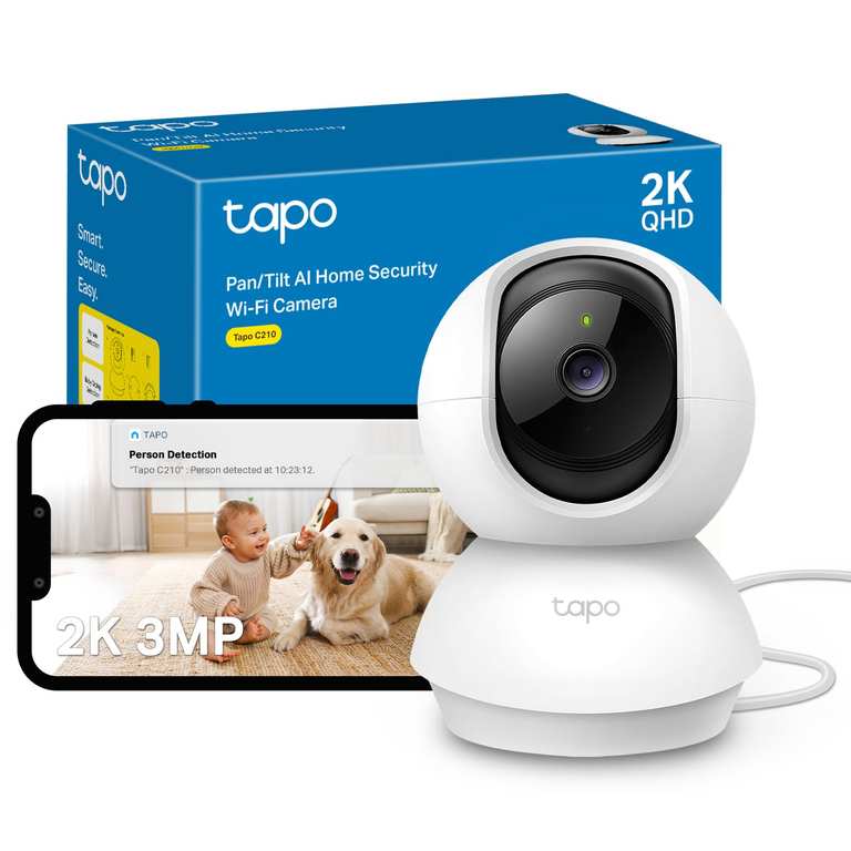 Tapo C210 2K 3MP Pan/Tilt Indoor House Security Camera, WiFi Camera, No Monthly Fee, AI Detection, 360° View, Night Vision