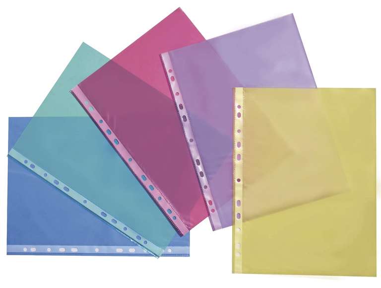 Pack of 50 Viquel A4 Punched Polypropylene Pockets sleeves - Assorted colours