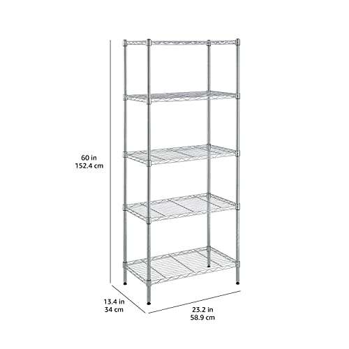 Amazon Basics 5-Shelf Narrow Storage Unit Height Adjustable Shelves, Levelling Feet, 453kg Max Weight, Chrome, 34cm D x 58.9cm W x 152.5cm