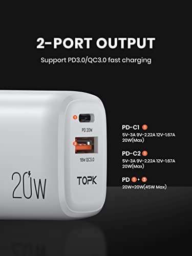 TOPK USB C Plug, 20W USB C Charger Plug, Type C Fast Charge Wall Plug 2 Ports PD & QC 3.0 With Voucher (FBA TOPKDrect)