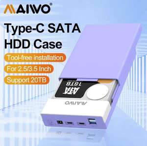 MAIWO External HDD/SSD Enclosure for 2.5/3.5" drives - 2x USB-C, 2x USB-A ports, up to 20Tb, UK-plug PSU, purple - Orico HDD Case Store