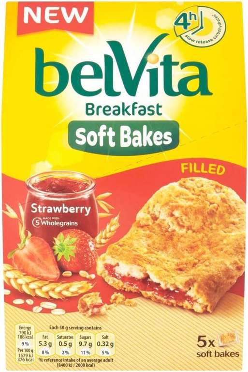 Belvita Breakfast Filled Strawberry Soft Bakes Biscuits, 5 x 50g £1.75 (£1.66 Subscribe and Save) Min order x 4 @ Amazon