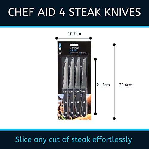 Chef aid Stainless Steel Serrated Steak knife set, Set of 4 Durable Multipurpose Kitchen Knives with Comfort grip, ERGONOMIC - non-slip