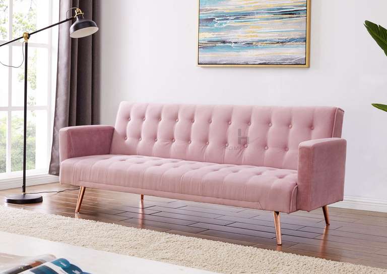 Velvet Fabric Sofa Bed, Pink (Grey/Pink/Blue/Green) with Rose Gold Legs £219 @ Home Detail