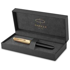 Parker 51 Fountain Pen | Deluxe Black Barrel with Gold Trim | Medium 18k Gold Nib with Black Ink Cartridge | Gift Box