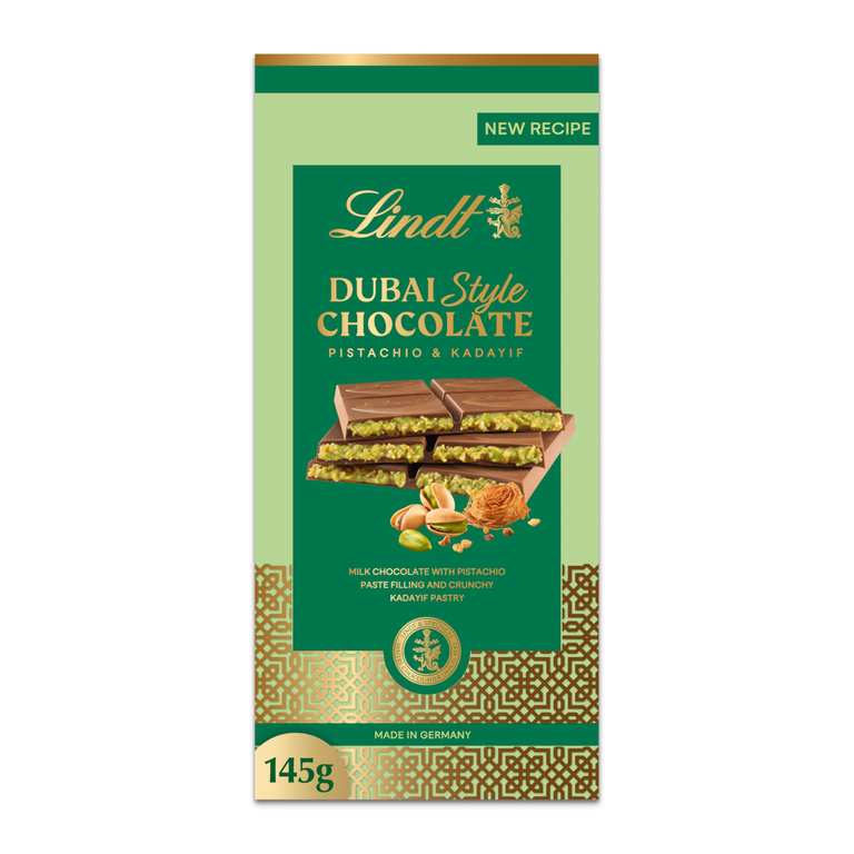 Lindt Dubai Style Chocolate Bar, Milk Chocolate with Pistachio and Crunchy Pastry, Made in Germany, 145g