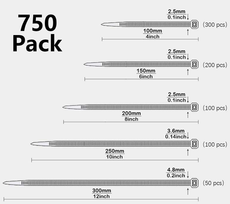 Oksdown 750 Mixed Pack Black Heavy Duty Nylon Cable Ties in Assorted Sizes. Sold by Oksdown (LongTian)-UK FBA