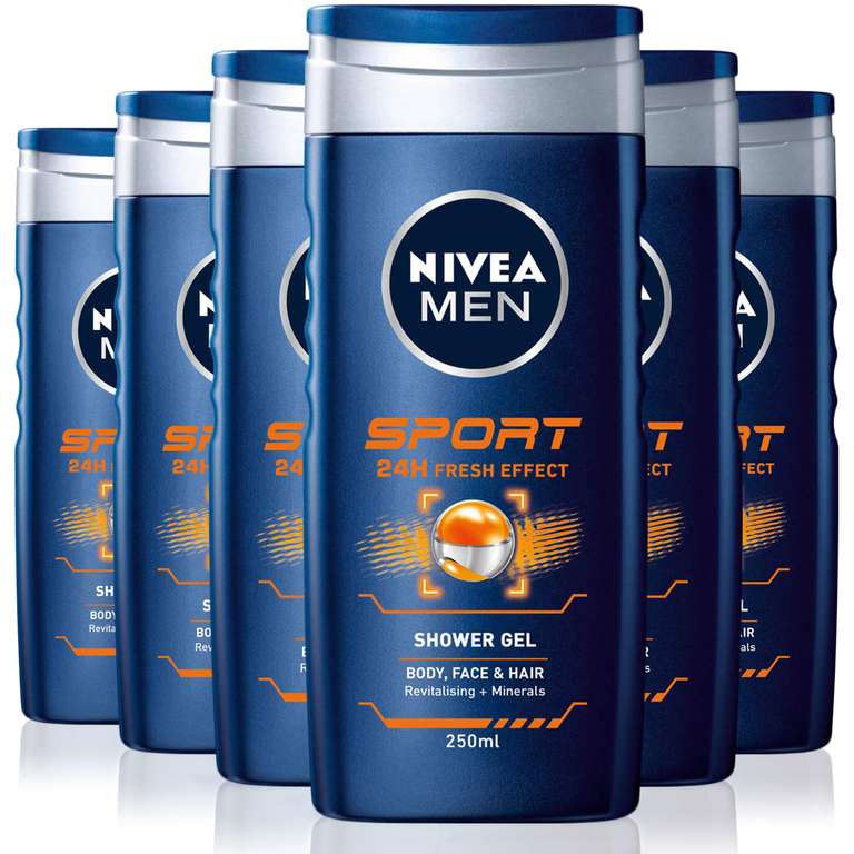 6 Pack of: NIVEA MEN Sport Shower Gel 250 ml Lime Scent / Nivea Men Energy Shower Gel 250ml