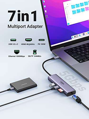 UGREEN USB C Hub Adapter (Ethernet / HDMI 4K@60Hz / 100W PD / SD Card Reader) £30.09 @ UGREEN / Amazon