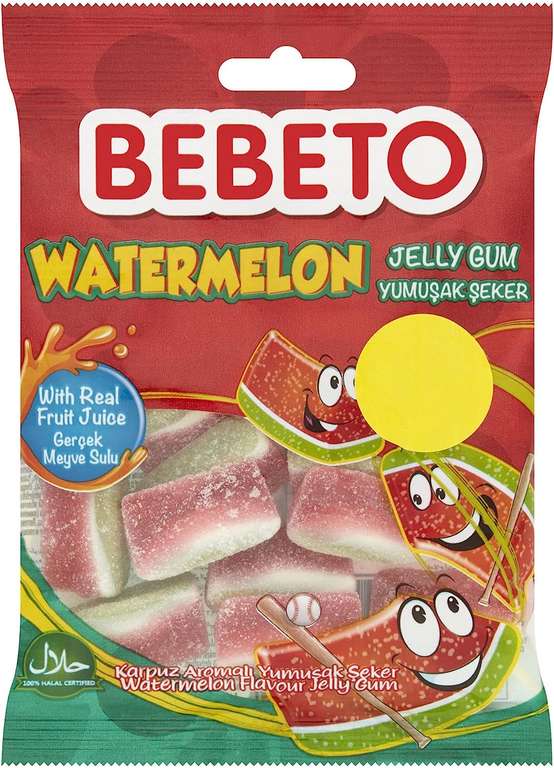 Bebeto Watermelons Gummy Sweets, Fizzy Chewy Sweets, Halal Certified Candy, Single Pack, 70g
