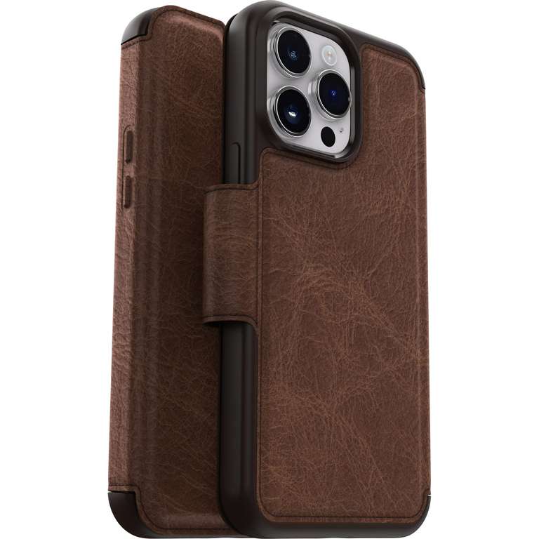 OtterBox Strada Case for iPhone 14 Pro Max, Shockproof, Drop proof, Premium Leather Protective Folio with Two Card Holders, Brown