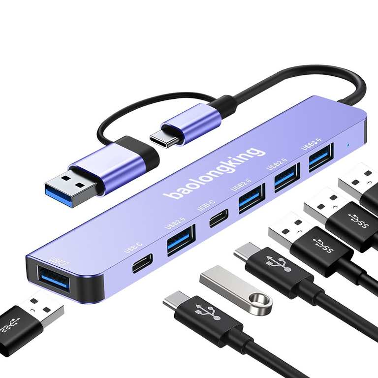 baolongking 7 in-1 HUB Adapter, USB C Hub with 2 USB-C Data Ports, USB3.0 & 4USB2.0, Multiport Adapter (Purple, Gold) - by baolongking / FBA