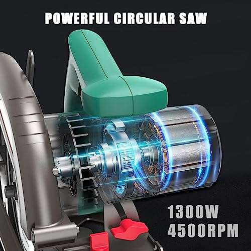 Circular Saw, 1300W HYCHIKA Electric Saw 4500RPM, High Power Motor, 24T Blade(185mm), Cutting Depth 65mm (90º), 45mm (45º)