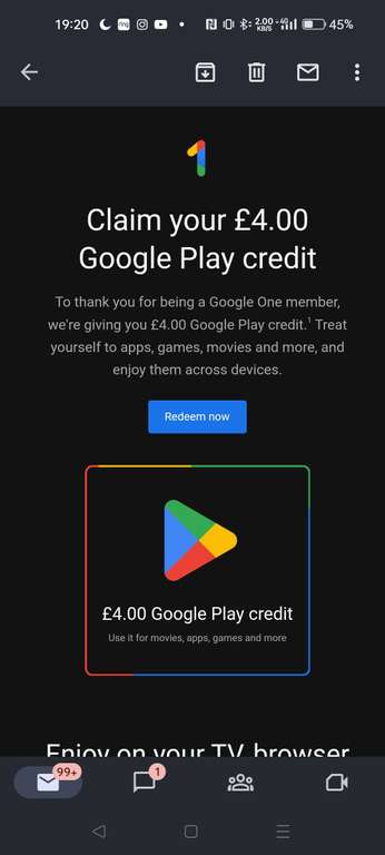 £4 Google Play Credit (Selected Accounts) for Google One Subscribers (Account-specific - check emails)