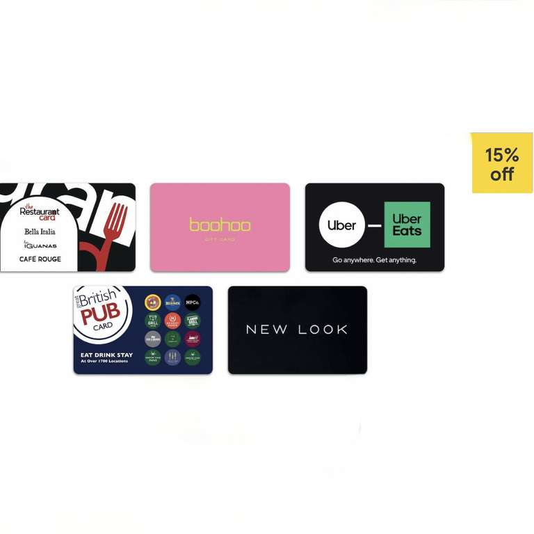 15% off eGift Cards - Uber / Uber Eats / Restaurant Card / Great British Pub Card / New Look / Boohoo
