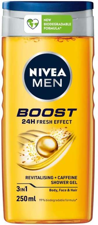 NIVEA MEN BOOST Shower Gel (250ml), Moisturising Body Wash with Naturally Sourced Caffeine