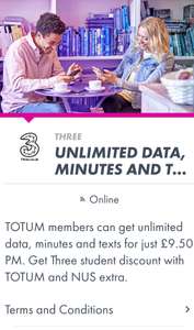 Three SIM Only plan Unlimited data Unlimited minutes Unlimited texts - £9.50pm for first 6 months then £19 after. 24 month Adv plan @ Totum