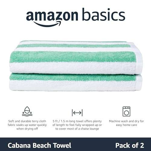 Basics Pack of 2 Beach Towels, Cabana Stripe, Seafoam Green, 152 x 76 cm - With Applied Voucher