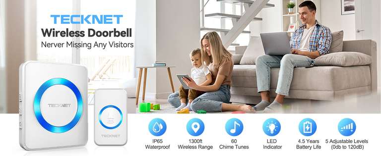 TECKNET Wireless Doorbell, IP65 Waterproof, 1300feet / 400m Range, 60 Chimes, 5-Level Volume & Blue Light