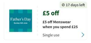 (Account specific via app) £5 off when you spend £25 on Menswear
