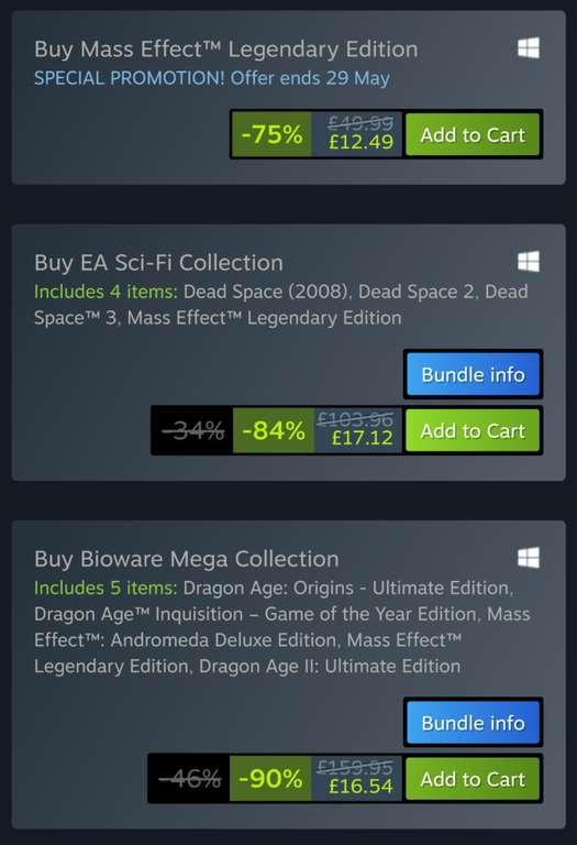 [PC] Mass Effect Legendary Ed. £12.49/EA Sci-Fi Coll. (+Dead Space1-3) £17.12/Bioware Mega Coll. (+3xDragon Age, ME Andromeda) £16.54@ Steam