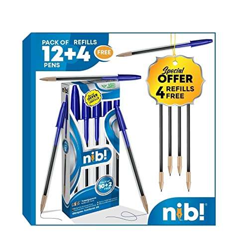 nib! Ballpoint Pen, Comfortable Biro Pens, Medium Point (1.0mm), Writing Pens with 4 Refills, (Pack of 12, Blue) sold by Home-Ideas / FBA