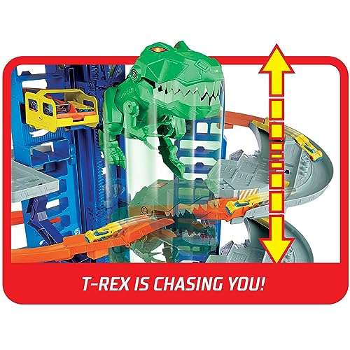 Hot Wheels (City Playset) Ultimate Garage Track Set with 2 Toy Cars, Multi-Level Side-by-Side Racetrack, Moving T-Rex & Storage, GJL14