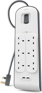 Belkin 2 m Surge Protection Extension Lead Strip with 2 x 2.4 A USB Charging plug, White 6 Way £17.99, 8 Way £19.99 Prime Exclusive @ Amazon