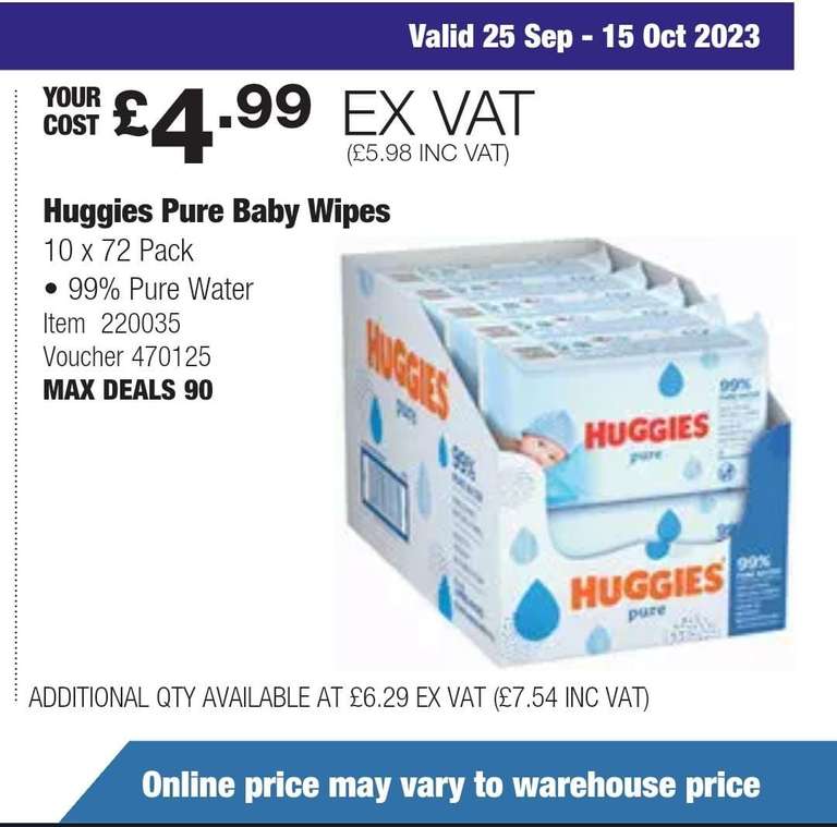 Huggies Pure Baby Wipes, 10 x 72 pack, 720 wipes in total, In-store price