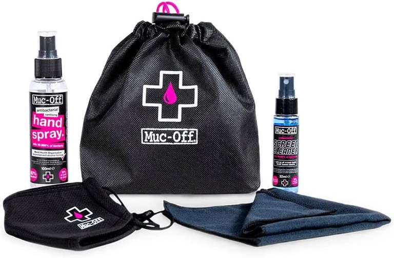 Muc-Off Personal Protection Kit, Antibacterial Sanitising Spray, Screen Cleaner, Reusable Face Mask & Microfibre Cloth - S/M or L/XL